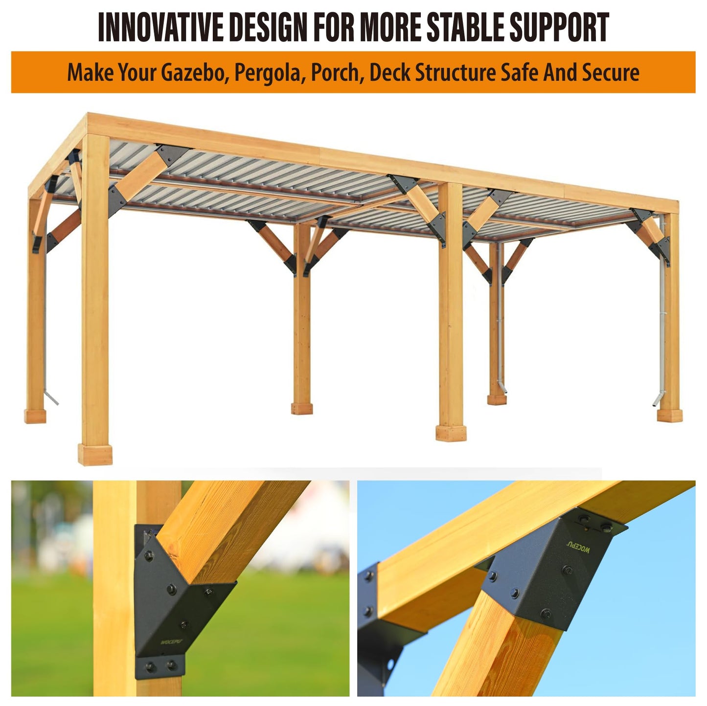 Wocepu 4pack 4x4 (Actual 3.5''x3.5'') Degree Angle Support Brackets, For Pergola, Gazebo, Deck Wood Frame Structures Provide Support 45° Degree Angle Bracket