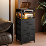 Fixwal Black Night Stand with Charging Station, Tall LED Nightstand with 4 Fabric Drawers, Bedside Table for Bedroom Fixwal