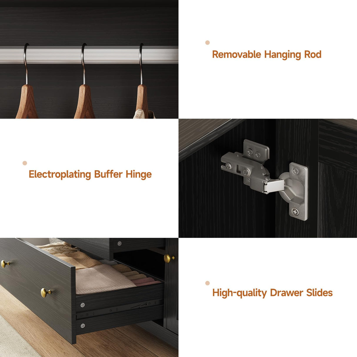 ONBRILL 3 Doors Wooden Wardrobe Closet Armoire with Pull Out Pants Rack, Bedroom Large Capacity Armoire with Drawers and Shelves, Storage Cabinet for Hanging Clothes, Black ONBRILL