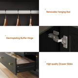 ONBRILL 3 Doors Wooden Wardrobe Closet Armoire with Pull Out Pants Rack, Bedroom Large Capacity Armoire with Drawers and Shelves, Storage Cabinet for Hanging Clothes, Black ONBRILL