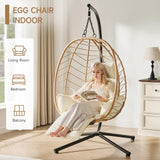 ONBRILL Hanging Egg Chair with Adjustable Footrest & Stand, Wicker Rattan Swing Hammock Chair with Cushion & Double Chains, 350LBS Capacity for Outdoor & Indoor Patio, Deck, Bedroom, Balcony (YE-BE) ONBRILL