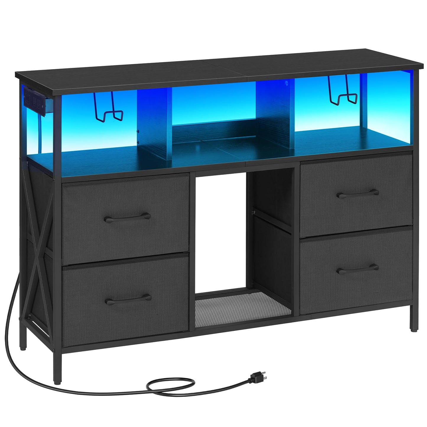 MAHANCRIS Dresser TV Stand, Entertainment Center with Power Outlets and LED Light, Media Console Table with Drawers and Open Shelves, Chest of Drawers for 50'' TV, for Living Room, Black TVHB110E01