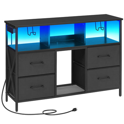 MAHANCRIS Dresser TV Stand, Entertainment Center with Power Outlets and LED Light, Media Console Table with Drawers and Open Shelves, Chest of Drawers for 50'' TV, for Living Room, Black TVHB110E01