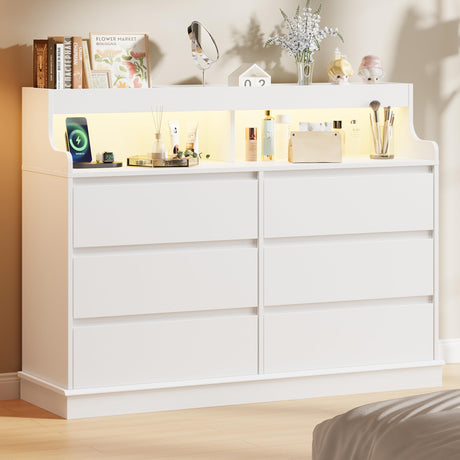 Dresser for Bedroom, 6 Drawer Dresser with LED Lights and Charging Station, Wide Chest of 6 Drawers with Open Space, Modern Large Capacity Storage Cabinet, Living Room, Hallway, White GarveeHome