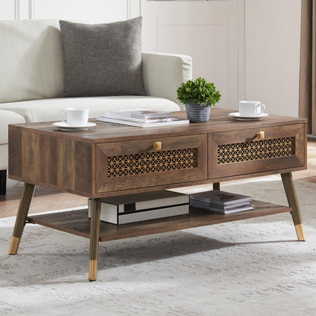 Mid Century Modern Coffee Table with Storage Drawers & Open Shelf, Solid Wooden Boho Rectangle Table with Metal Legs Designed for Living Room, Office, Lounge. Rustic Oak Color with Golden Decor JYED DECOR