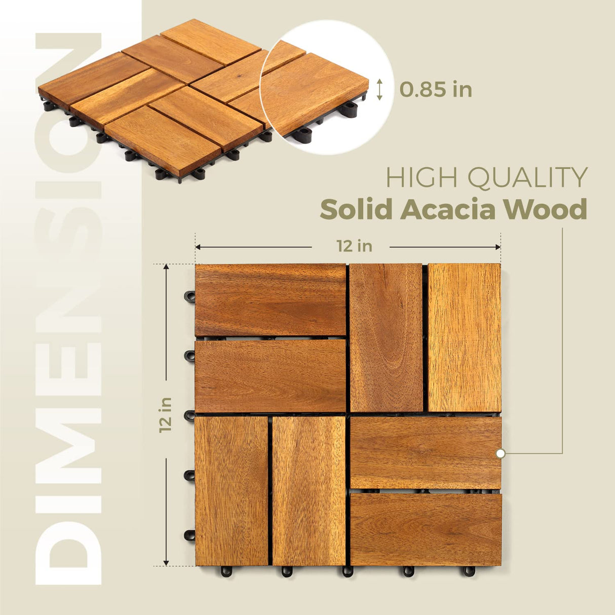 Interlocking Deck Tile (Pack of 10, 12"x12") Acacia Hardwood Deck Tile, Interlocking Patio Tile in Solid Acacia Wooden Oiled Finish Waterproof All Weather (12x12x0.85 inch, 8 Slat on Each Tile) LOAQUA