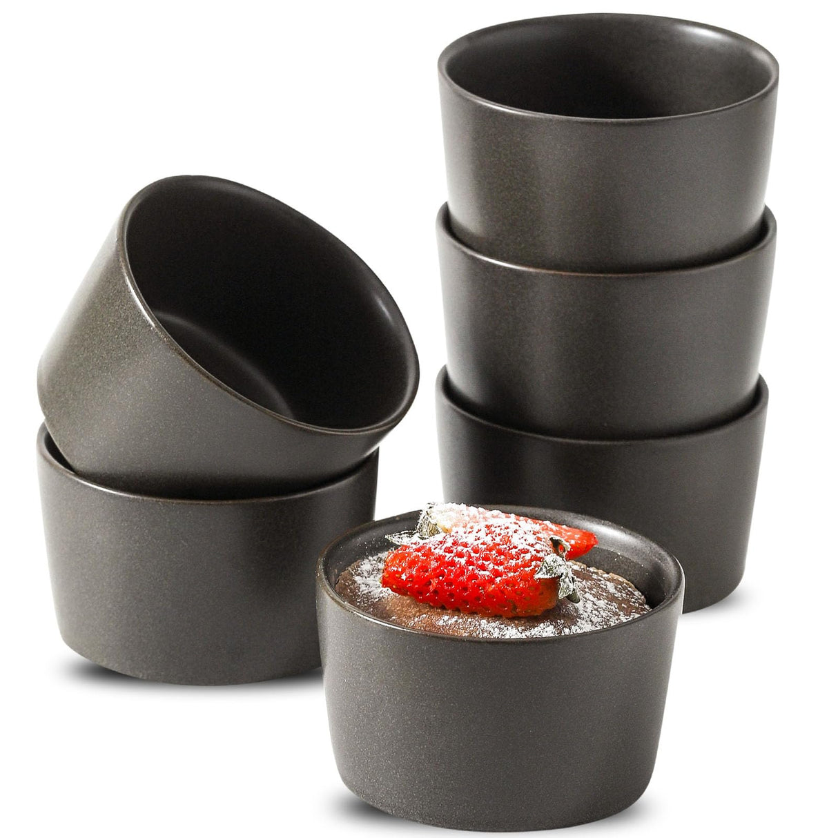 Tikooere Ramekins 6 oz, Oven Safe Soufflé Dishes for Creme Brulee, Souffle, Pudding, Lava Cake, Stoneware Custard Cups for Baking, Ceramic Sauce Bowls Set of 6, Kitchen Decor Gift, Matte Black Tikooere
