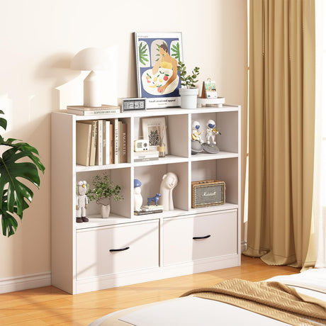 Adompacat Cube Bookshelf Storage Organizer Bookcase,8 Cube Open Mid-Centur Shelf,Freestanding Display Bookshelve, Modern Wide Toy Shelf with Drawers for Bedroom Living Room Office(White) Adompacat