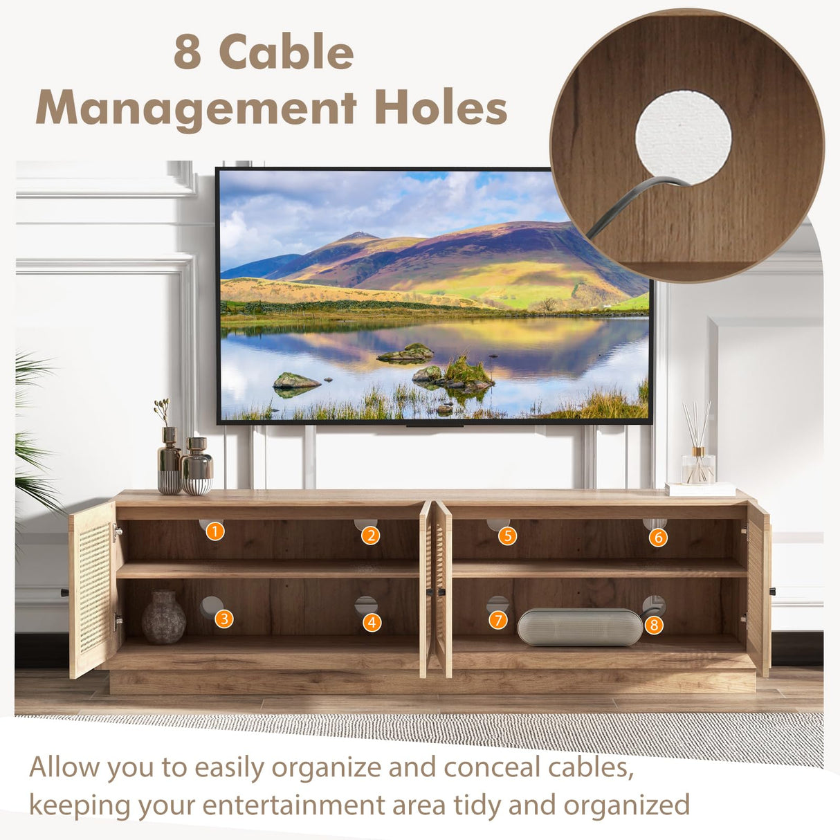 Tangkula Farmhouse TV Stand for TVs Up to 75-Inch, PE Rattan Entertainment Center with Storage and Adjustable Shelves, Mid Century Modern TV Console with 2 Cabinets and 8 Cable Holes for Living Room Tangkula