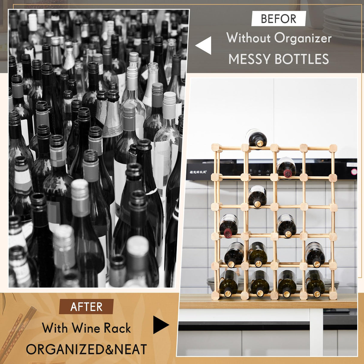 Juexica Wooden Wine Rack Stackable Modular Wine Storage for Inside Cabinet DIY Assembly Wood Wine Shelf Wine Bottle Organizer Insert for Home Cabinet Restaurants Bars Kitchen (24 Bottles) Juexica