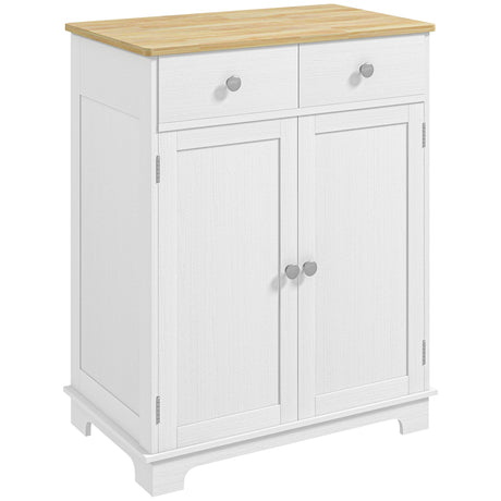 HOMCOM Sideboard with Solid Wood Countertop, Modern Kitchen Storage Cabinet, Coffee Bar Cabinet with 2 Drawers, Doors and Adjustable Shelf, Distressed White HOMCOM