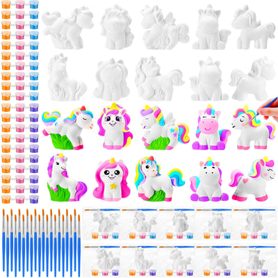 Simgoing 20 Set Dinosaur Unicorn Mermaid Donut Jungle Animal DIY Painting Kit Pumpkin Snowman Ceramic Paint Your Own Figurines Unpainted Plaster Craft for Party Favor(Unicorn)