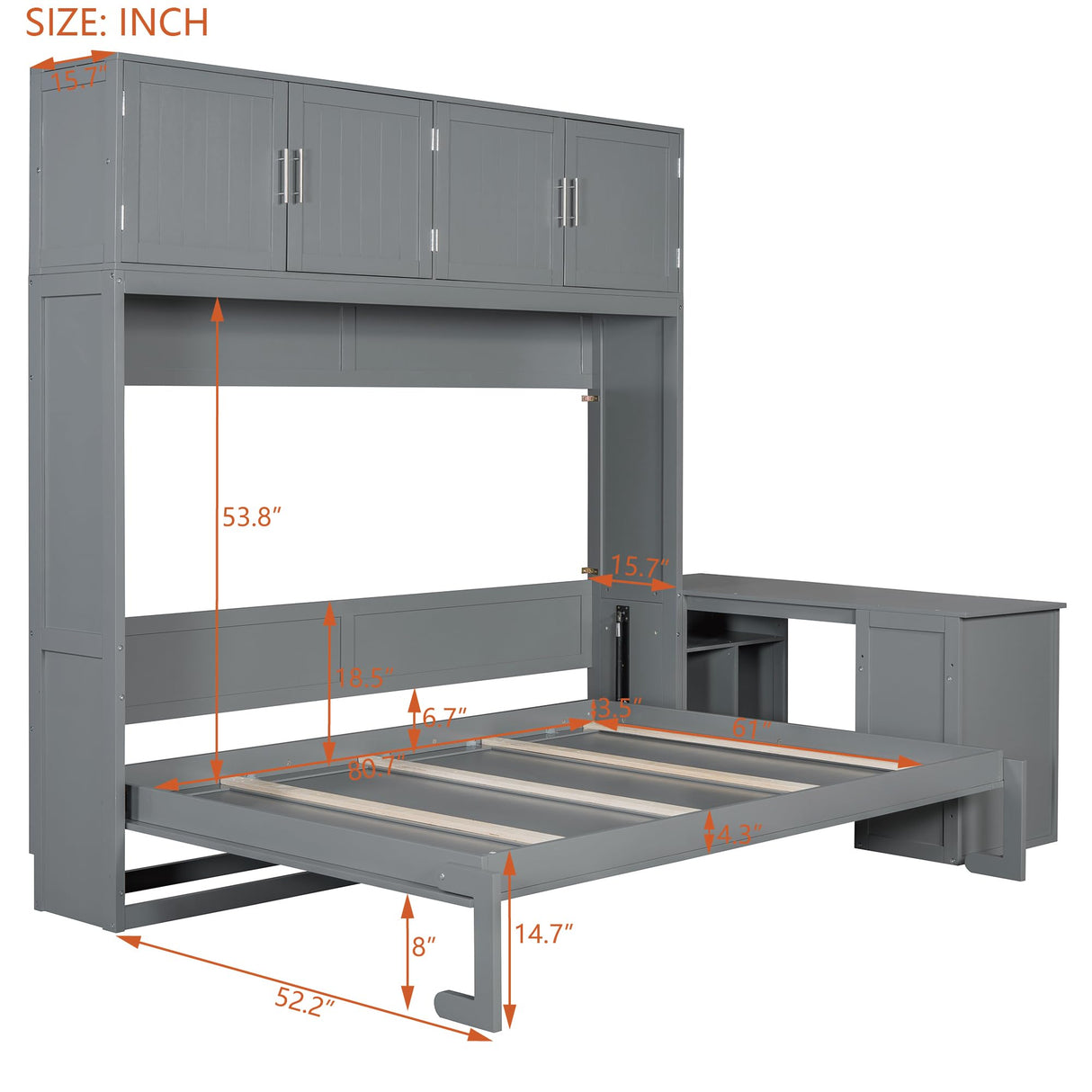 BEDGJH Queen Size Murphy Bed with Desk and Storage, Modern Wall Bed Cabinet in Gray with 600 lbs Weight Capacity BEDGJH