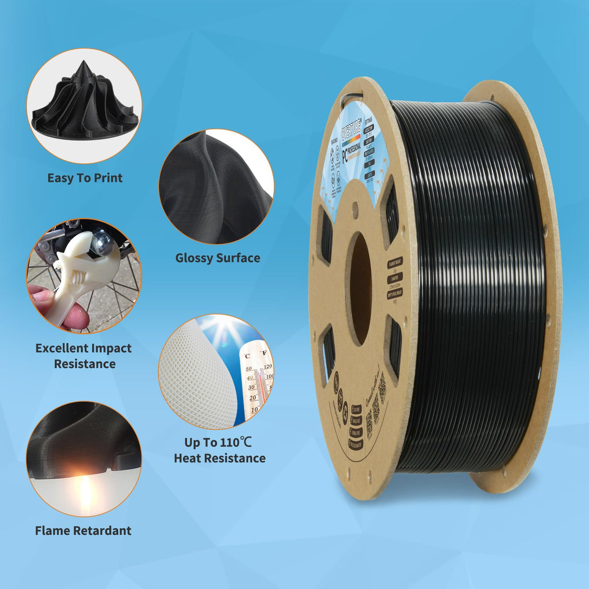 OVERTURE Tough PC Professional Filament, Cardboard Spool, 1kg(2.2lbs), Dimensional Accuracy Probability +/- 0.02mm, Fit Most FDM Printer (Black) OVERTURE