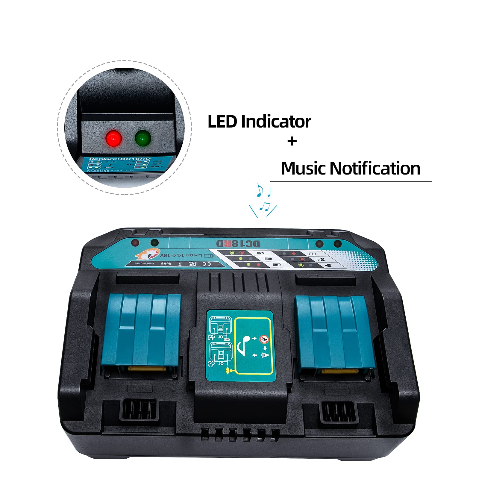 18V DC18RD Dual Ports Battery Charger for Makita 14.4V-18V LXT Lithium-Ion Battery BL1415 BL1430 BL1830 BL1840 BL1850 BL1850B BL1860B BL1860 BL1815, Hiesuan Replace DC18RC DC18SF DC18RT - WoodArtSupply