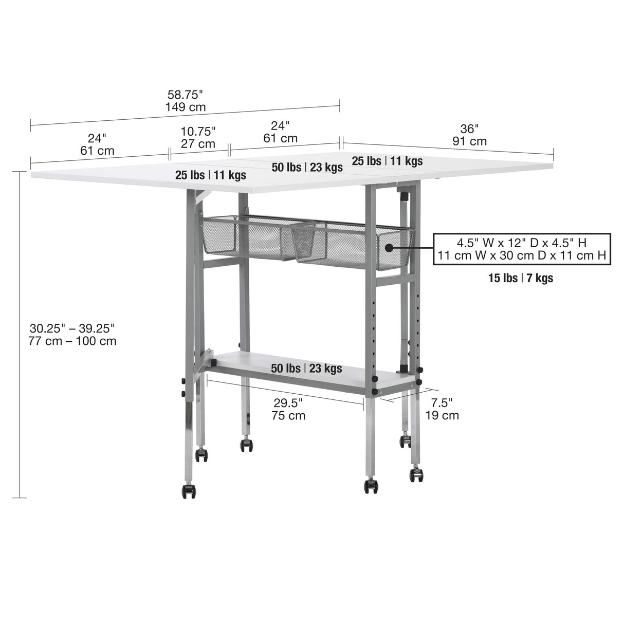Sew Ready Hobby and Cutting Table - 58.75" W x 36.5" D White Arts and Crafts Table with 2 Mesh Storage Drawers, Silver/White Sew Ready