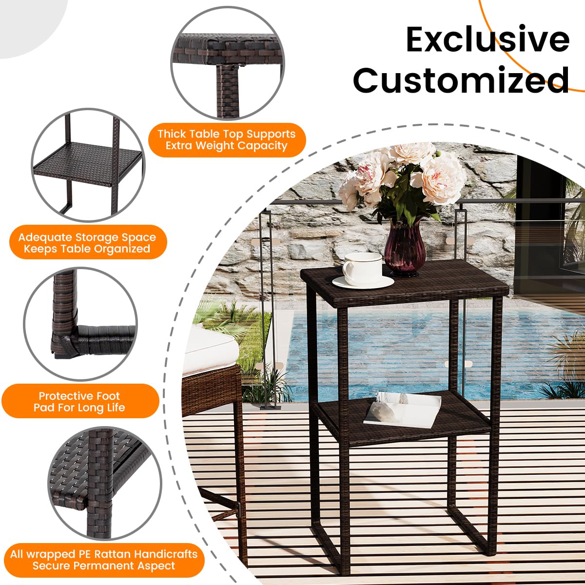 Sundale Outdoor Wicker Bar Table, 36 Inch Counter Height Patio High Top Dining Table, Rattan Bistro Pub Table with Storage Shelf for Deck Poolside Balcony Garden, Variegated Brown Sundale Outdoor