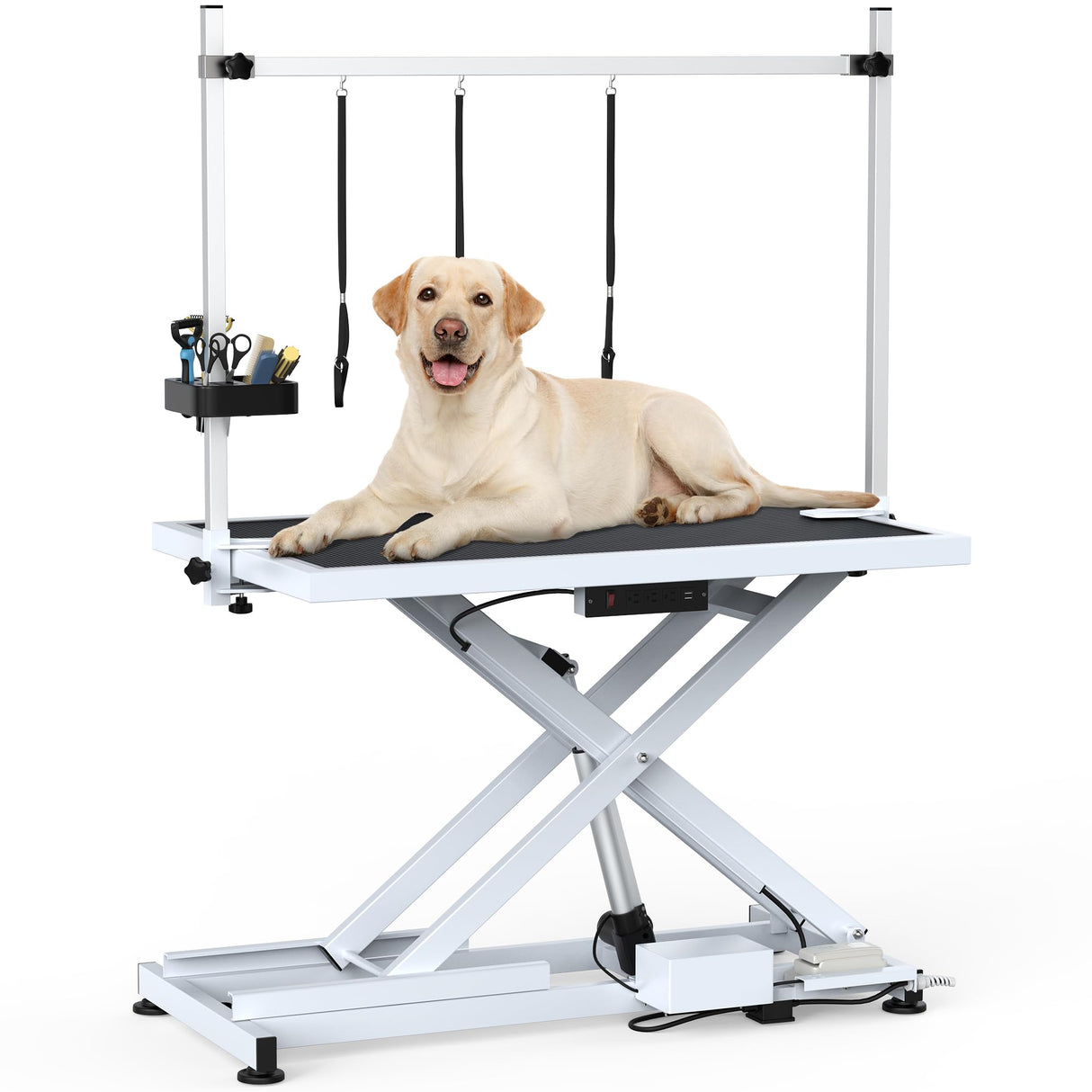 DWVO 50'' Electric Dog Grooming Table Heavy Duty Adjustable Pet Grooming Table Grooming Arm Anti-Slip Top Tool Organizer Professional Dog Grooming Station (White, 50inch) DWVO