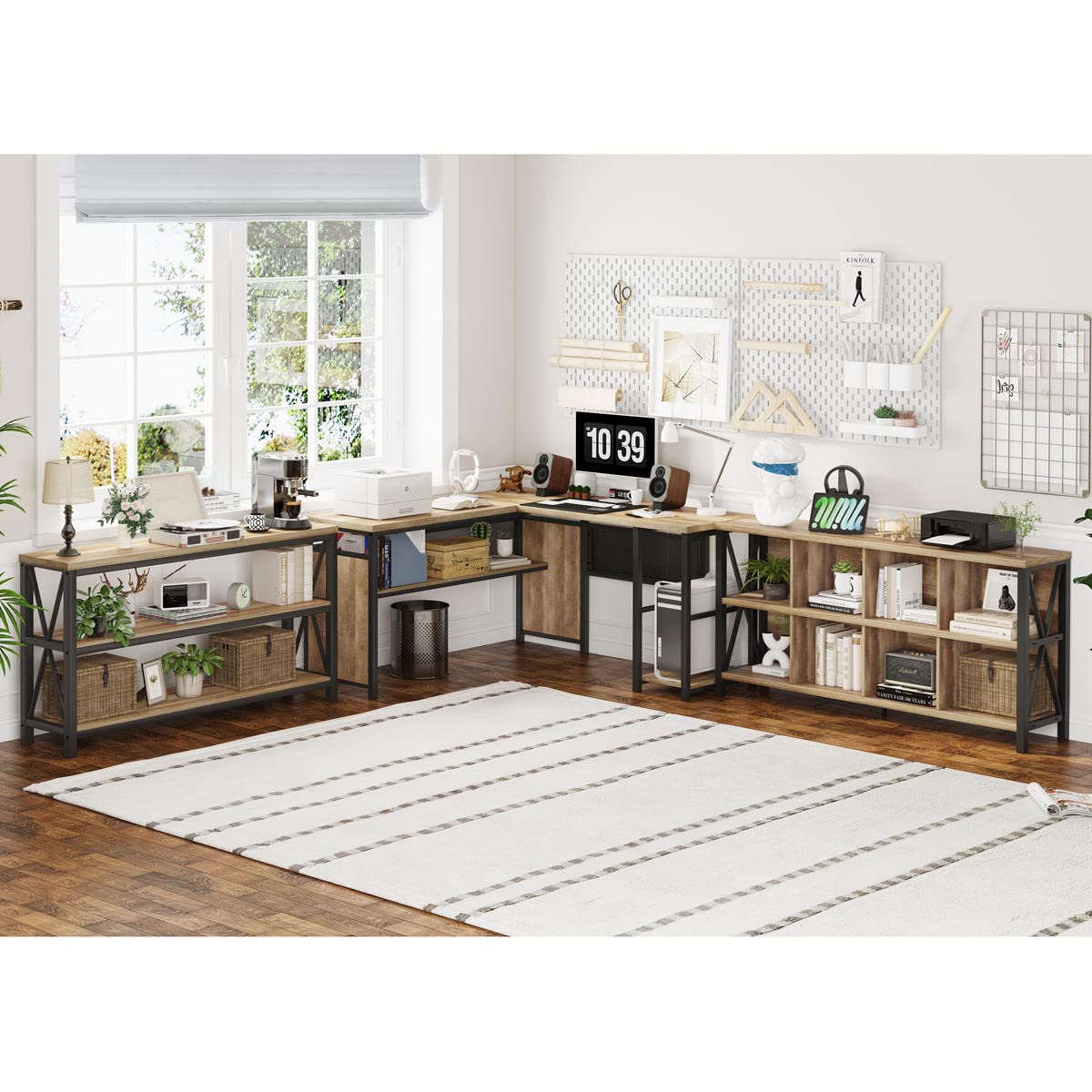 FATORRI 8 Cube Storage Organizer Bookshelf, Rustic Wood Cubby Bookcase, Industrial Horizontal Long Shelf for Living Room (Rustic Oak, 62 Inch) FATORRI