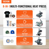 VEVOR 8 in 1 Heat Press Machine for T Shirts Hats Mugs Plates - 12x15 Swing Away Shirt Press Machine with 30 OZ Tumbler Press, Hat Press, Plate Press, Light Green VEVOR