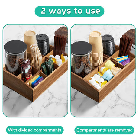 Acacia Wood Coffee Station Organizer for Countertop - 7 Compartments Coffee Bar Accessories and Organizer with Removable Dividers - Coffee and Tea Condiment storage Organizer for Coffee Bar Decor ALELION