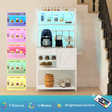 HOMCOM Baker's Rack with Power Outlet and LED Lights, Coffee Bar Cabinet with Storage Shelves, Industrial Microwave Stand with Wine Bottle Rack, Drawer, Barn Door Cabinet, White HOMCOM