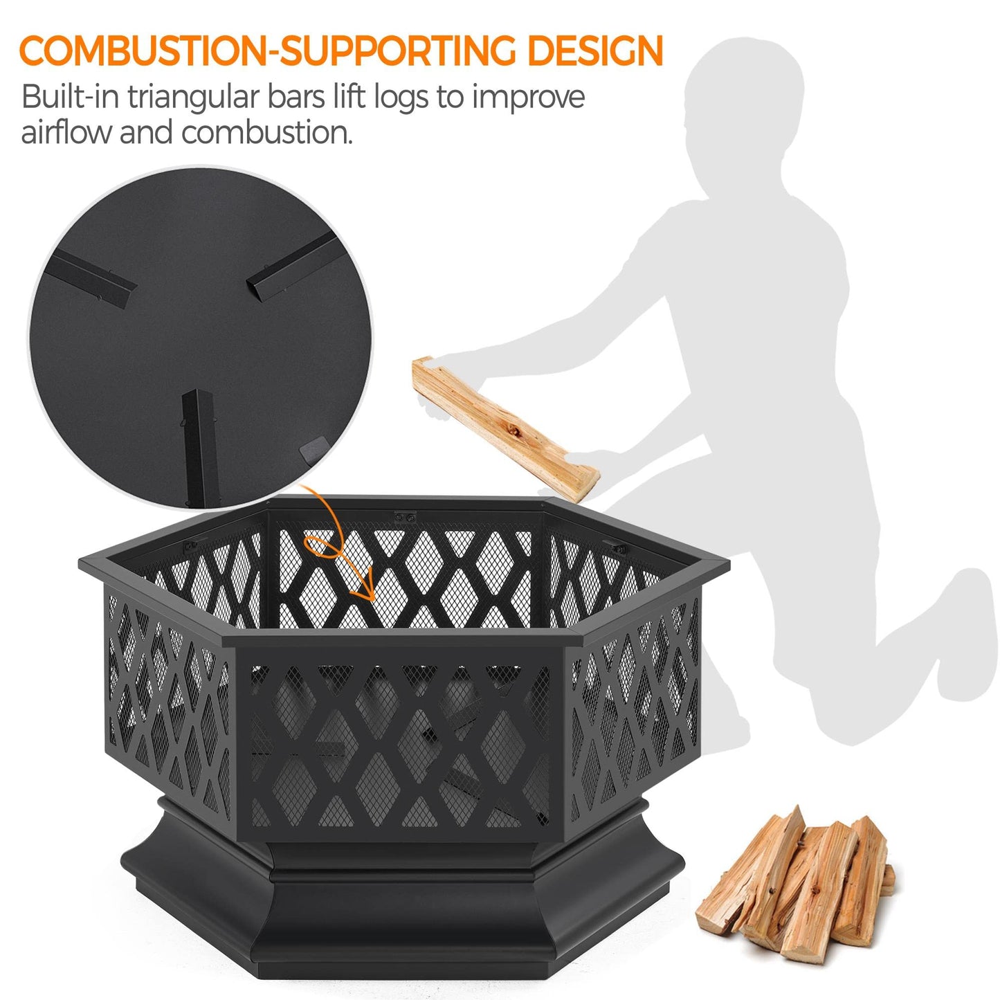 Yaheetech 26in Fire Pits for Outside Hex Shaped Fire Pit Wood Fire Pit Outdoor Fireplace for Bonfire Patio Picnic BBQ, with Spark Cover, Fire Poker - WoodArtSupply