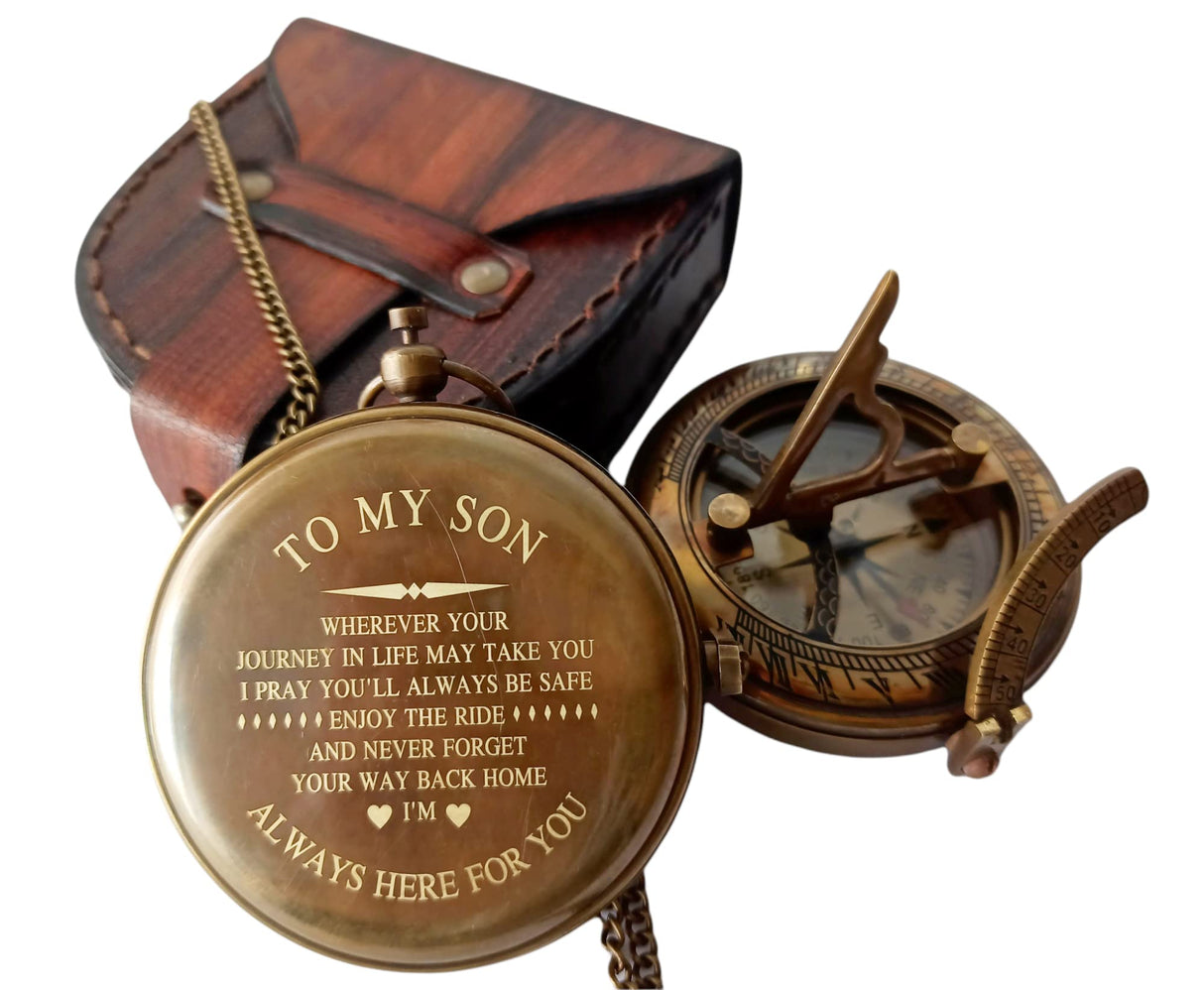 Khybex International to My Son Compass Personalized Sundial Compass with Leather Case/Gift for Son/to My Son Gifts/Mom to Son Gift/Dad to Son/Grandson Gift, Directional Magnetic Sundial Compass Khybex International