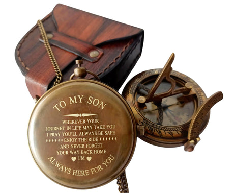 Khybex International to My Son Compass Personalized Sundial Compass with Leather Case/Gift for Son/to My Son Gifts/Mom to Son Gift/Dad to Son/Grandson Gift, Directional Magnetic Sundial Compass Khybex International