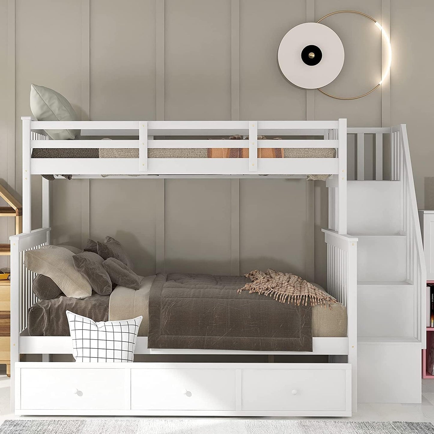 Twin Over Full Bunk Bed with Stairs & Storage Drawers - Solid Wood, White Finish by Harper & Bright Designs - WoodArtSupply