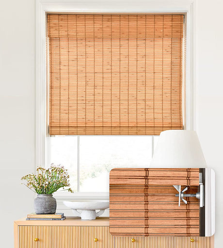 LazBlinds No Tools No Drill Cordless Bamboo Roman Shades, Light Filtering Window Treatment, Roll Up Bamboo Blinds for Window 27'' W x 64'' H, Wood LazBlinds