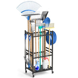 DAOUTIME Garden Organizer With Wheels, Yard Tower Rack for Garage Storage, Up to 35 Long-Handled Tools, Sturdy Metal Steel Holder With 3 Hooks, Outdoor, Black DAOUTIME
