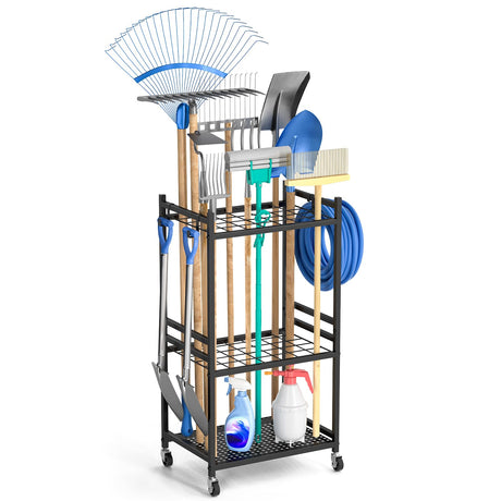 DAOUTIME Garden Organizer With Wheels, Yard Tower Rack for Garage Storage, Up to 35 Long-Handled Tools, Sturdy Metal Steel Holder With 3 Hooks, Outdoor, Black DAOUTIME