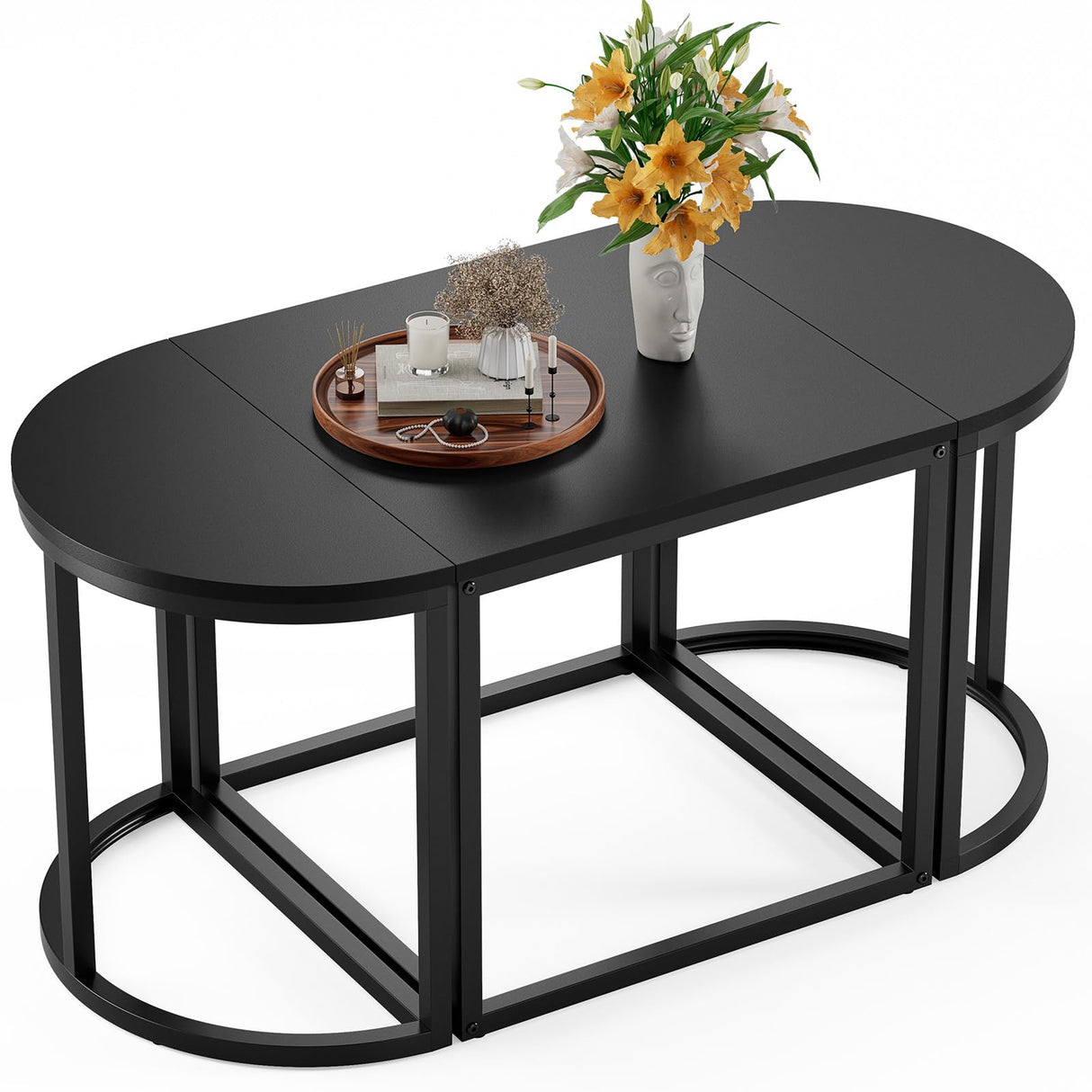 GreenForest Coffee Table Oval 3pcs Set, Modern Living Room Table with 2 End Tables, Small Center Table with Metal Frame for Home Apartment, Black GreenForest