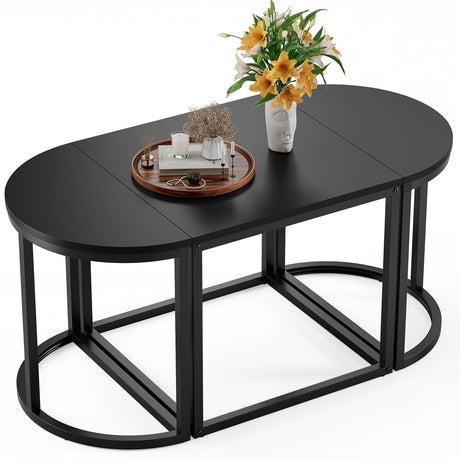 GreenForest Coffee Table Oval 3pcs Set, Modern Living Room Table with 2 End Tables, Small Center Table with Metal Frame for Home Apartment, Black GreenForest
