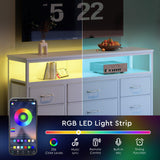 YeTom Tv Stand Dresser for Bedroom with Charging Station and LED Lights,9 Fabric Drawers White TV Stand with Open Shelf Storage,Media Console for TV ups to 55",Metal Frame,Wood Top,White YeTom