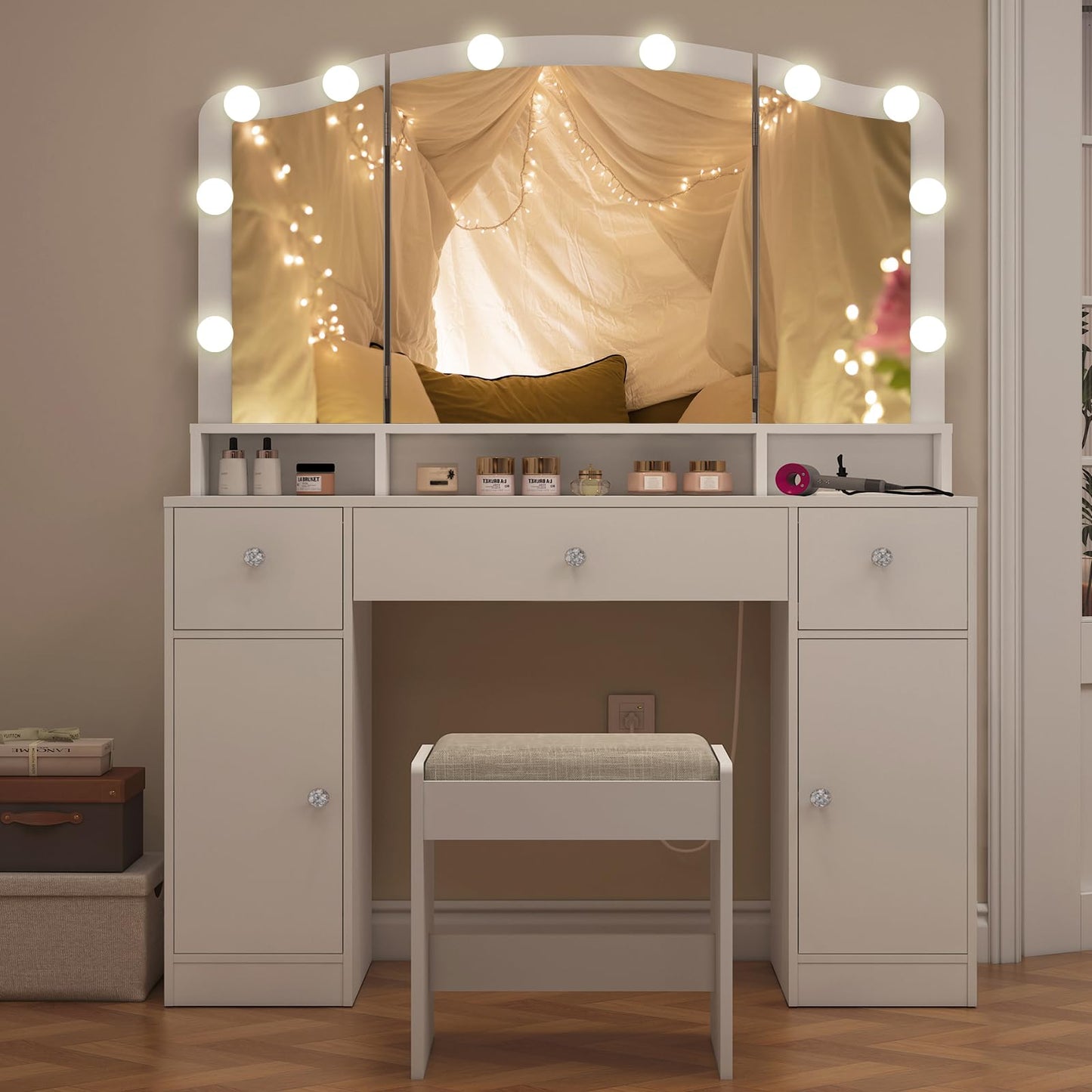 Vanity Desk with Triple Folding Mirror, Makeup Vanity with Power Outlet, Vanity Desk with 10 Lights, 3 Drawers & 2 Cabinets, Makeup Vanity Table with Soft Cushioned Stool for Women, Bedroom,  - WoodArtSupply