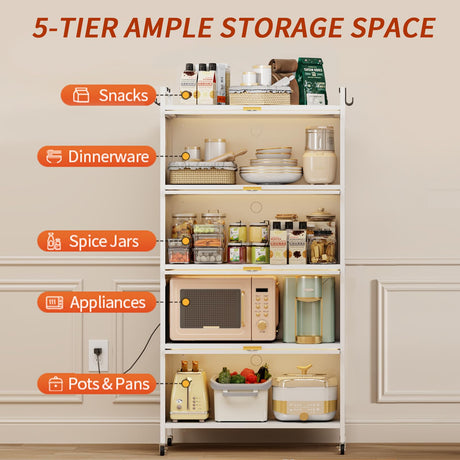 5-Tier Kitchen Pantry Storage Cabinet with Flip-up Doors, Metal Freestanding Cabinet with 4 Rooling Wheels, Bakers Rack with Storage Cabinet for Dining Study Kitchen Living Room (White) Dyoung