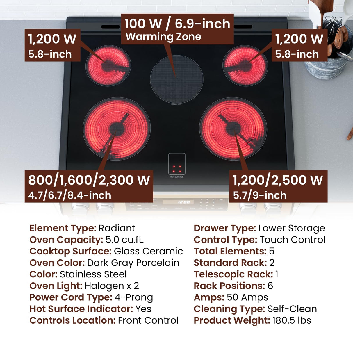 RANGAIRE RRE303GS 30" Electric Range, 5 Burners, 5.0 cu. Ft. Capacity, Freestanding Slide-in AirFry, True Convection Oven, Self Cleaning, Easy Reach Racks, Glass Touch, Stainless Steel Rangaire