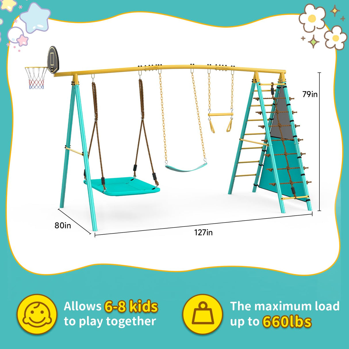 Jocoevol Swing Set for Backyard, Heavy-Duty Metal Swing Sets for Kids with 2 Swings, Climbing Ladder and Nets,Trapeze Bar, Soccer Goals and Basketball Hoop Up to 660lbs Jocoevol