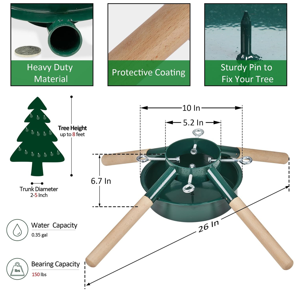Blissun Christmas Tree Stand, Christmas Tree Holder, Xmas Tree Base Stand for Real Trees, Fits up to 8FT Real Trees, Green Blissun