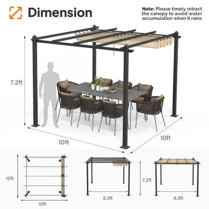 VINGLI 10’x 10' Outdoor Pergola Aluminum Retractable Pergola Canopy with Adjustable Roof, Patio Pergola for Deck, Porch, Garden, Yard (Khaki) - WoodArtSupply