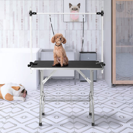 SoarFlash Pet Dog Grooming Table Foldable,Heavy Duty Foldable Pet Grooming Table with Arm & Noose & Mesh Tray, Maximum Capacity Up to 330lbs, 36inch, Black SoarFlash
