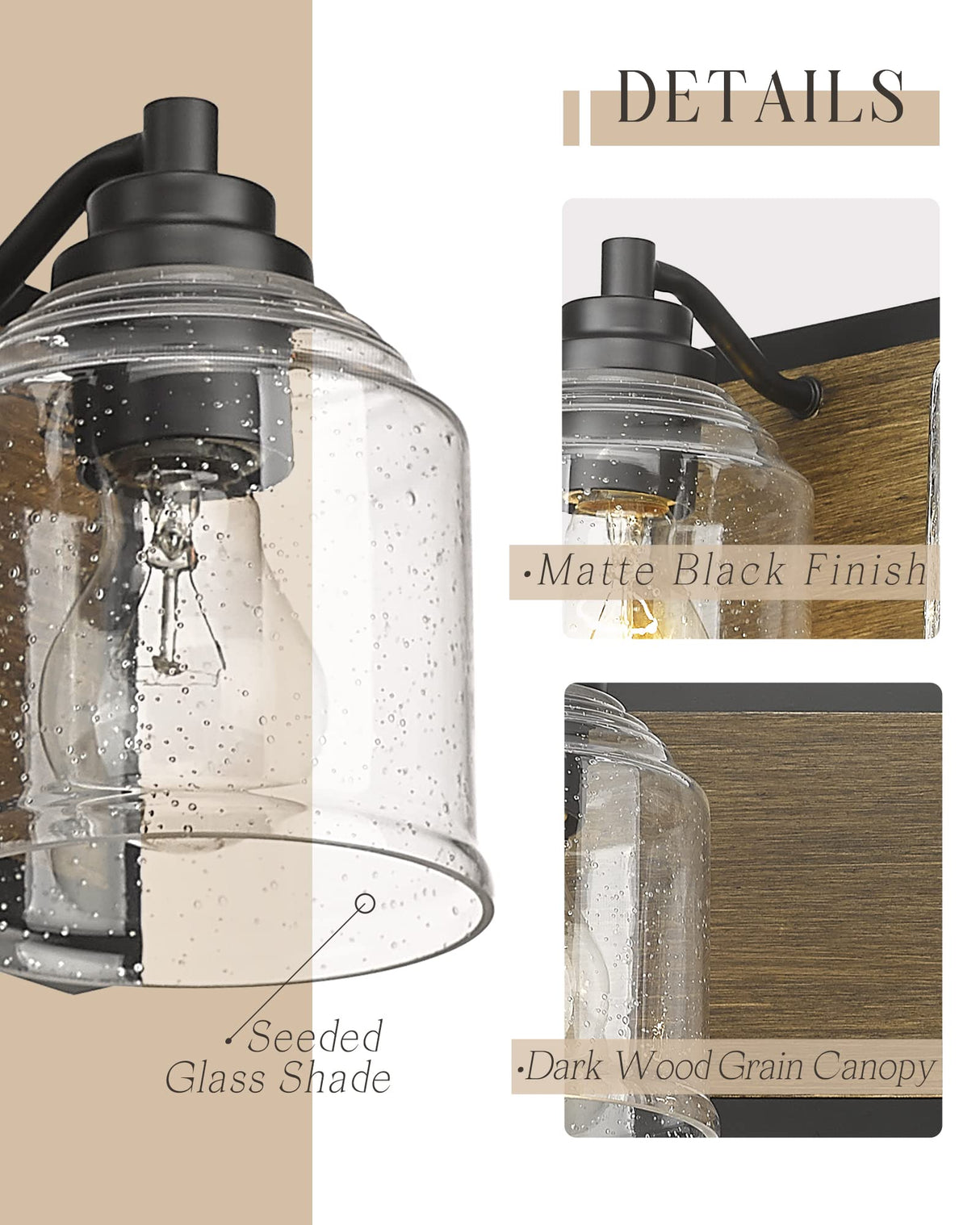 YKLITG 31.5 inch Farmhouse Bathroom Vanity Light Fixture, 4-Light Dark Wood Rustic Vanity Light with Seeded Glass Shades for Bathroom, Over Mirror, Living Room BD005-4-DW YKLITG