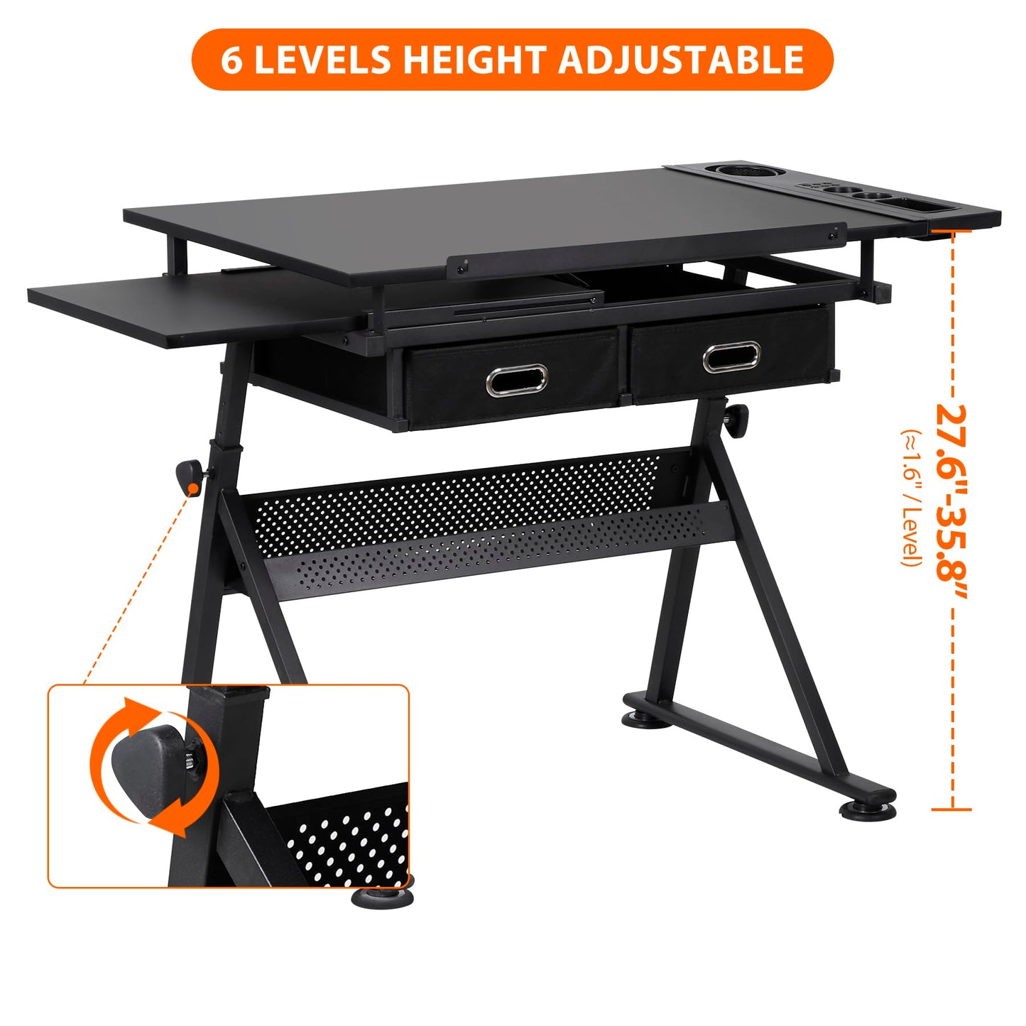 BBBuy Drafting Table Drawing Desk Art&Craft Work Station Height Adjustable Tilting Tabletop Craft Table Desk w/Stool and 2 Storage Drawers for Home Office Study Room, Black