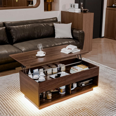 HOMMPA Lift Top Coffee Table with Hidden Storage LED Coffee Table Dark Walnut Living Room 3 Tiers Tea Table with Storage Center Tables Hidden Compartment & 2 Open Shelves HOMMPA