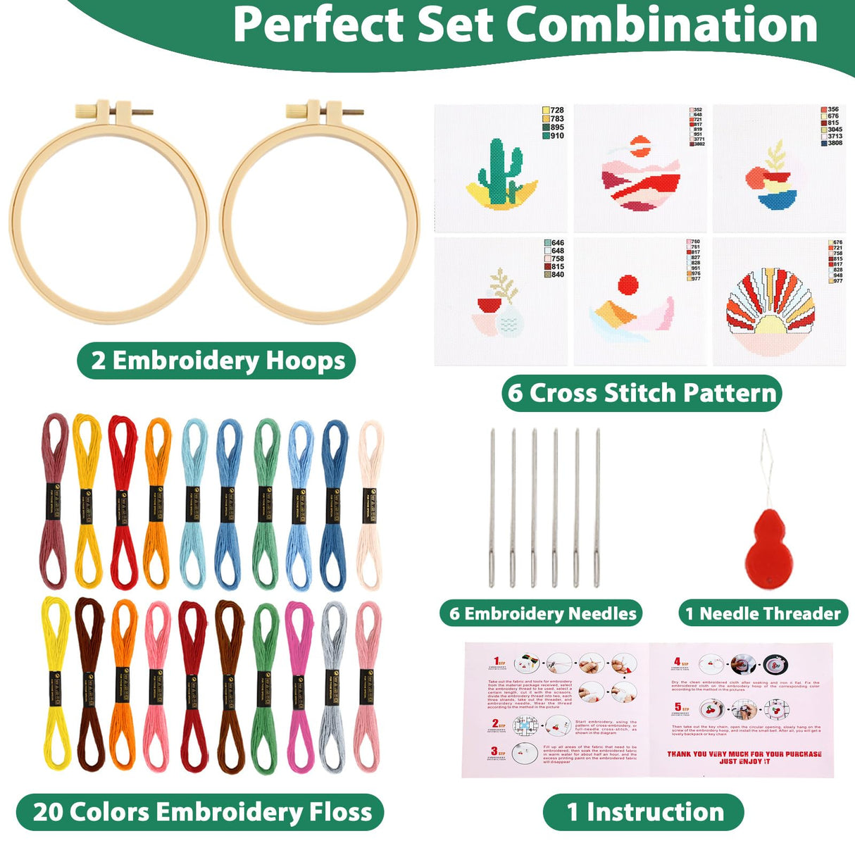 ZOIIWA 6PCS Cross Kits for Beginners DIY Embroidery Kit for Kids Adults Boho Cross Kits Christmas Birthday Gift Abstract Landscape Needlepoint Patterns with 2 Embroidery Hoops Craft Supplies ZOIIWA