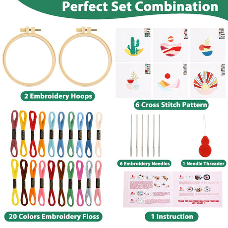 ZOIIWA 6PCS Cross Kits for Beginners DIY Embroidery Kit for Kids Adults Boho Cross Kits Christmas Birthday Gift Abstract Landscape Needlepoint Patterns with 2 Embroidery Hoops Craft Supplies ZOIIWA