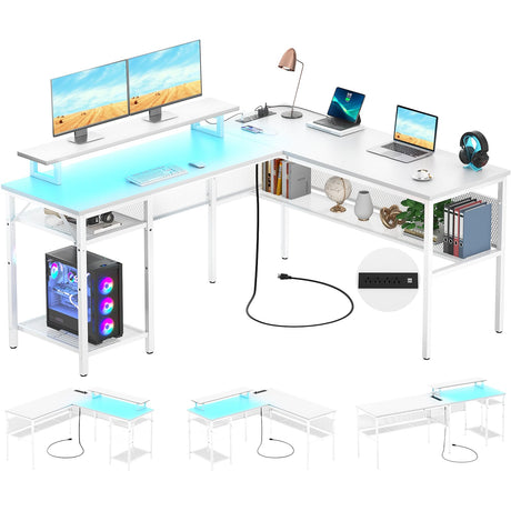 Unikito 55 Inch Reversible L-Shaped Desk with Power Outlets & Smart RGB LED Light - Elegant Corner Computer & Gaming Table in White Unikito