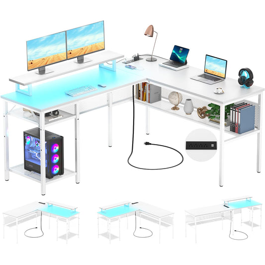 Unikito 55 Inch Reversible L-Shaped Desk with Power Outlets & Smart RGB LED Light - Elegant Corner Computer & Gaming Table in White - WoodArtSupply